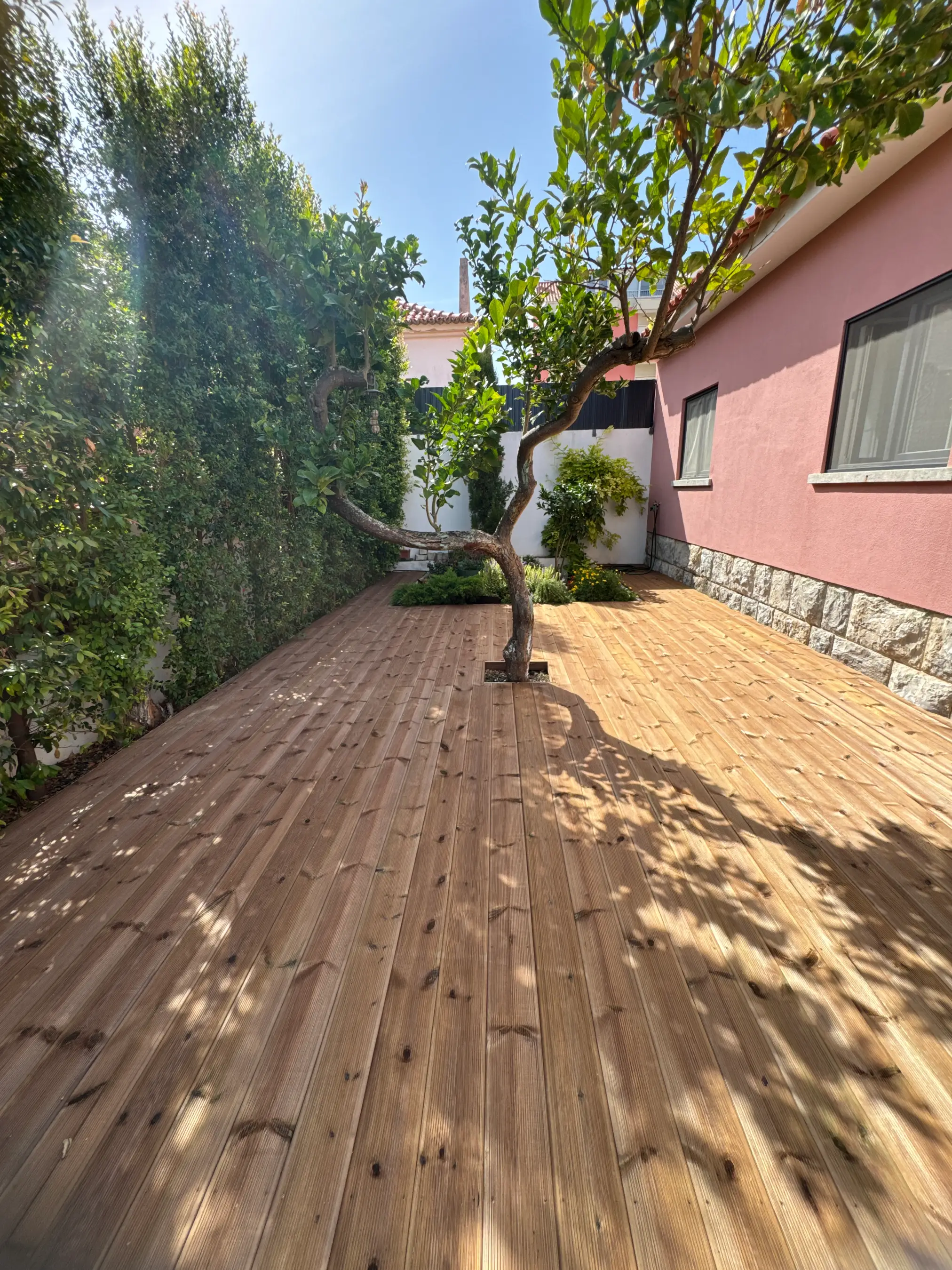 Deck em madeira integrado no jardim e em redor de uma árvore, executado pela Arawood Garden.