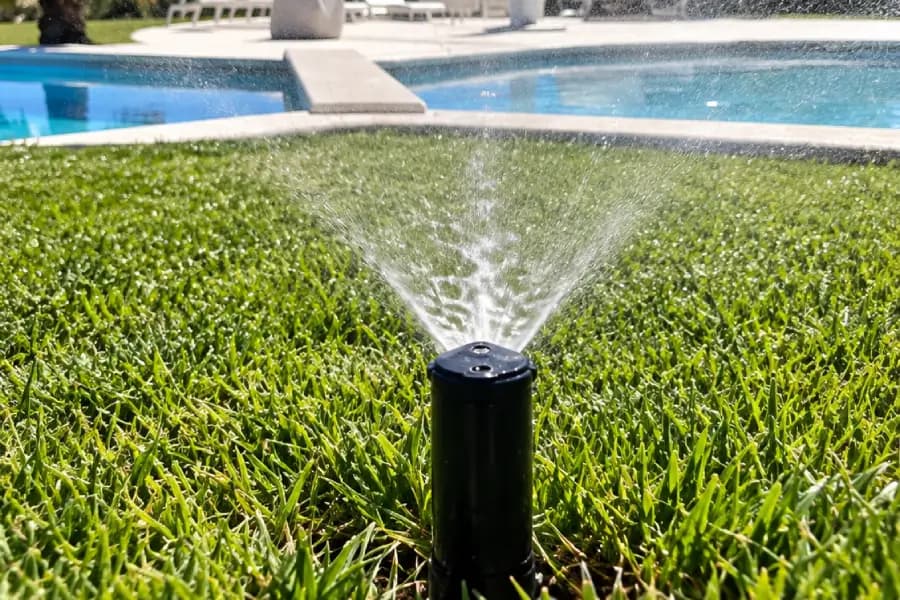 Sistema de rega por aspersão em funcionamento numa zona ajardinada junto à piscina, pela Arawood Garden.